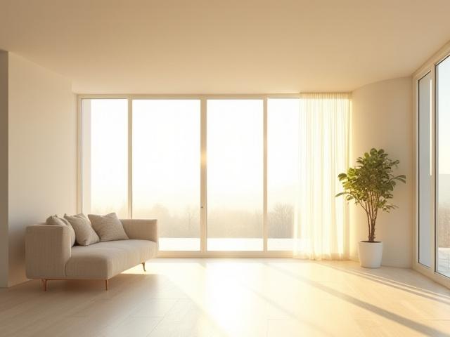 Et lyst rom med store vinduer og naturlig lys som strømmer inn