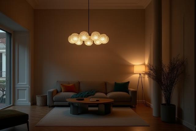 Stilfull lysinstallasjon i et moderne stueområde